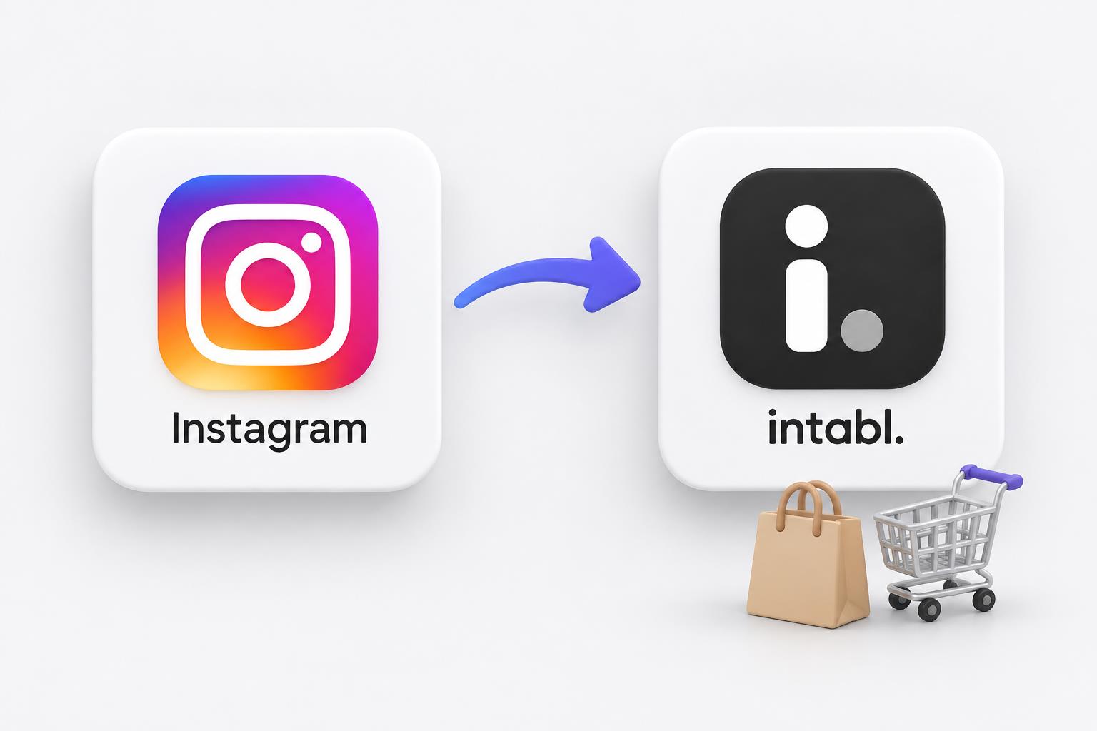 Логотипи Instagram та Intabl зі стрілкою до магазину, кошиком і сумкою для покупок